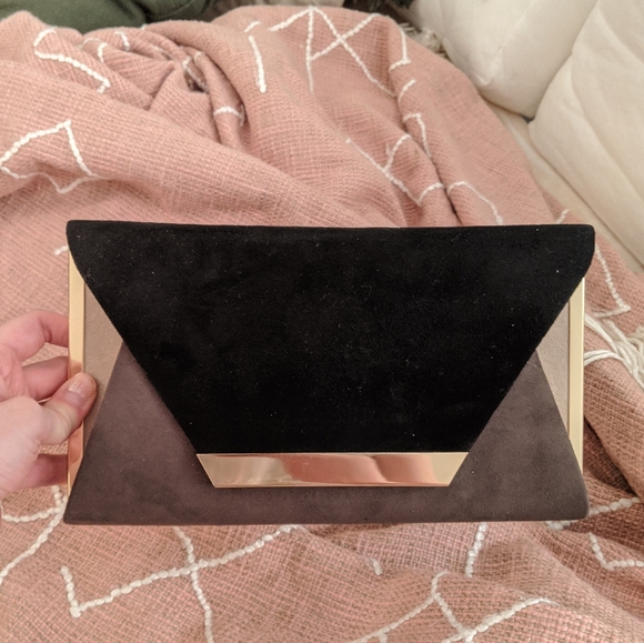 Black, Grey, Tan and Gold Velvet Envelope Clutch - Picture 1 of 6